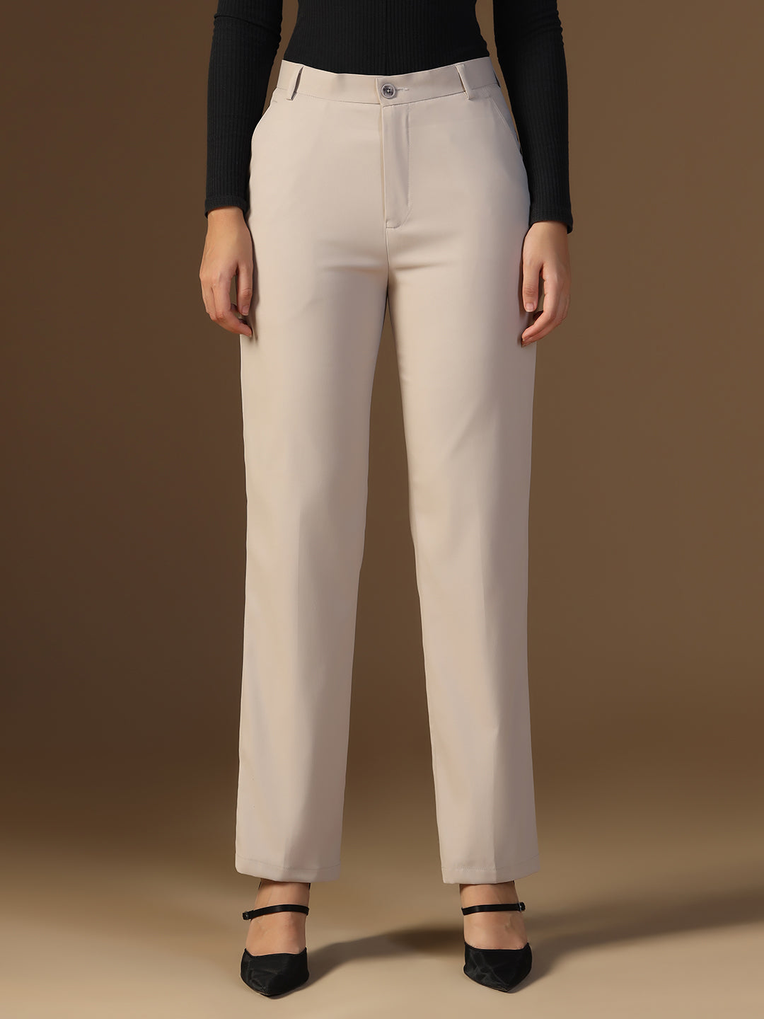 Women Beige Latte Elasticated Waistband Trouser - Tahvo India
