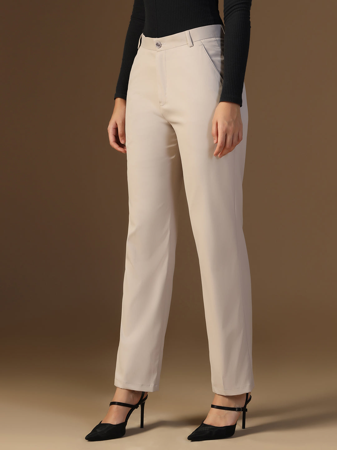 Women Beige Latte Elasticated Waistband Trouser - Tahvo India