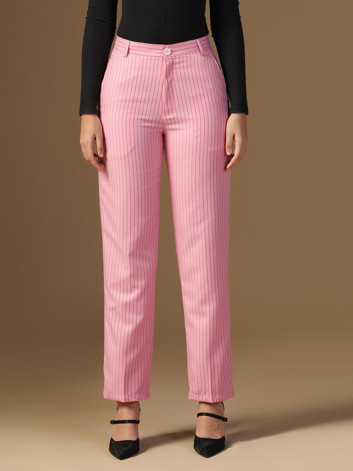 Women Pink Stripes Elasticated Waistband Trouser - Tahvo India