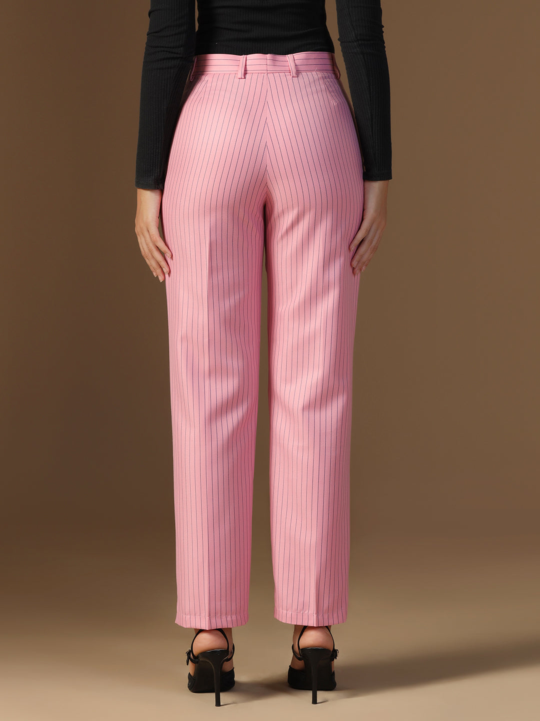 Women Pink Stripes Elasticated Waistband Trouser - Tahvo India