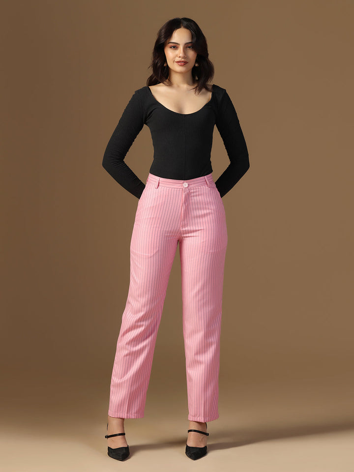 Women Pink Stripes Elasticated Waistband Trouser - Tahvo India