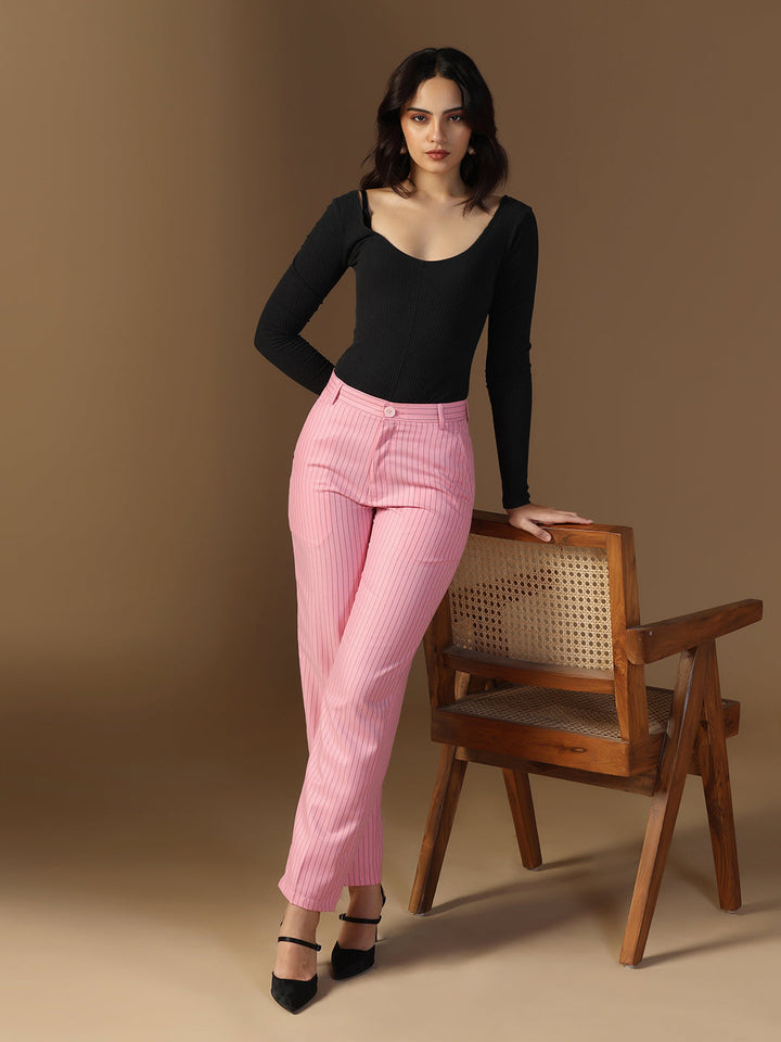 Women Pink Stripes Elasticated Waistband Trouser - Tahvo India