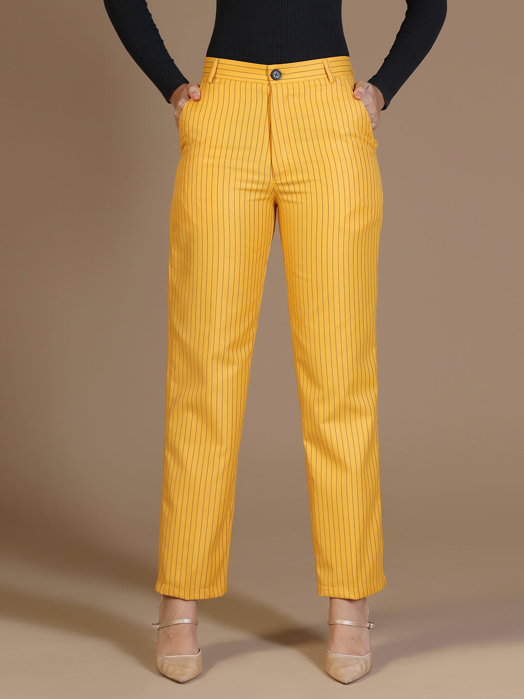 Women Yellow Stripes Elasticated Waistband Trouser - Tahvo India
