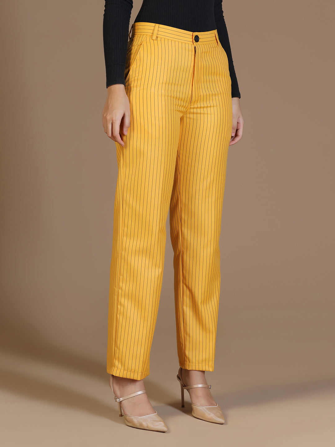 Women Yellow Stripes Elasticated Waistband Trouser - Tahvo India