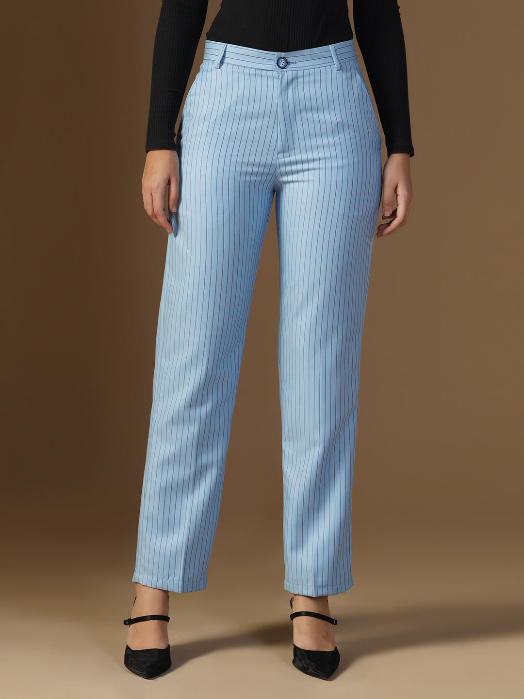 Women Blue Stripes Elasticated Waistband Trouser - Tahvo India