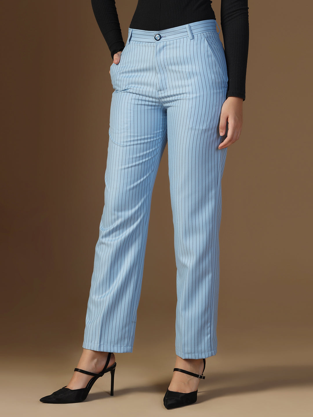 Women Blue Stripes Elasticated Waistband Trouser - Tahvo India