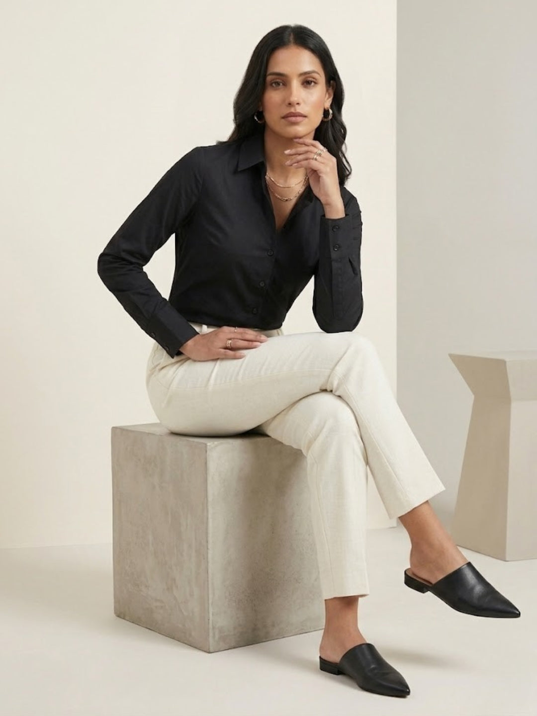 Black Satin Shirt with Long Extended Cuffs
