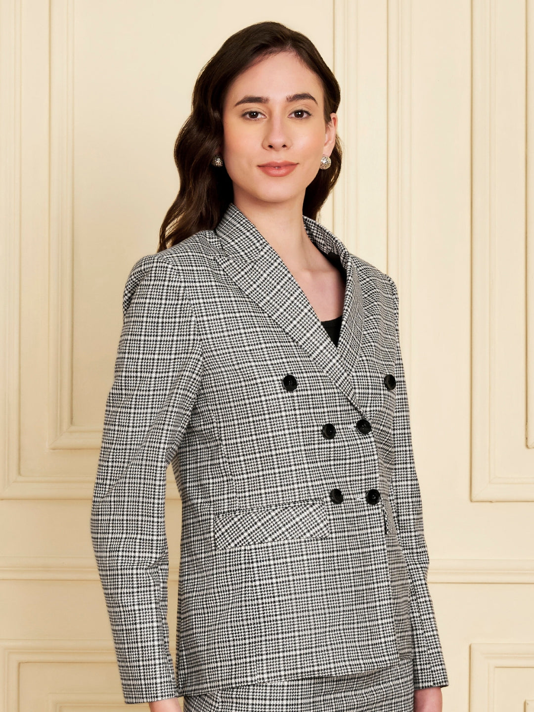 Checked Notched Lapel Double-Breasted Blazers