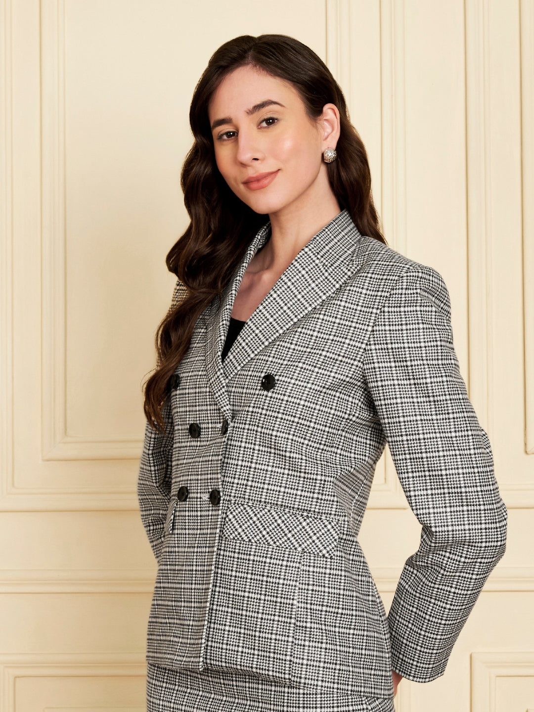 Checked Notched Lapel Double-Breasted Blazers