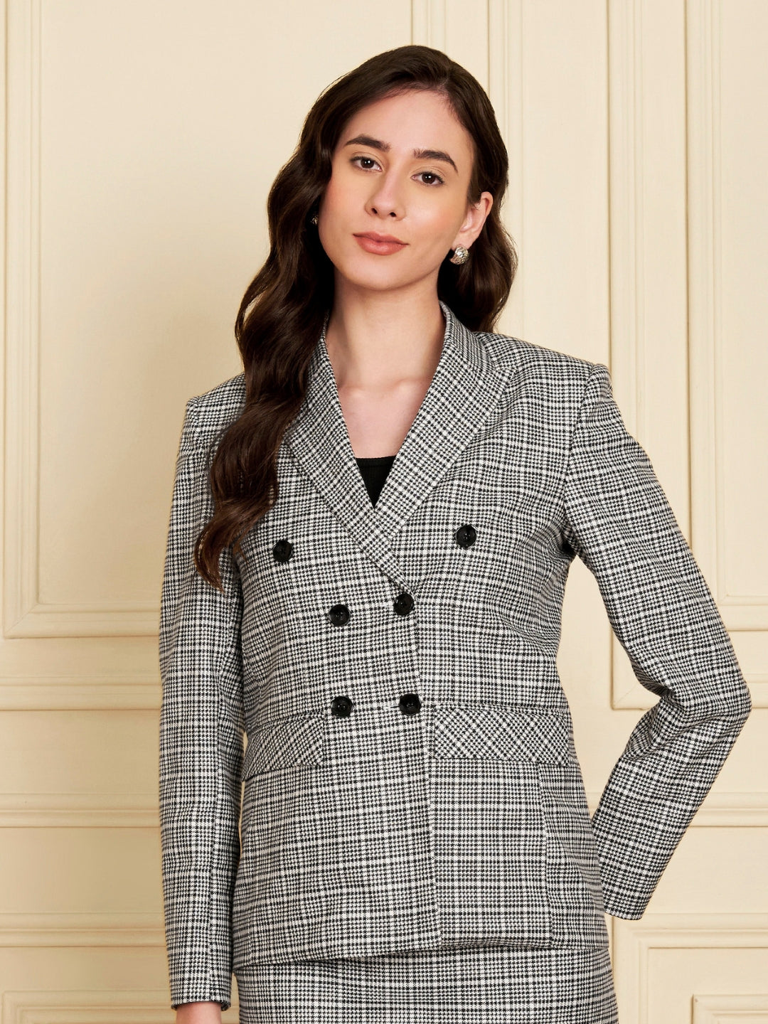 Checked Notched Lapel Double-Breasted Blazers