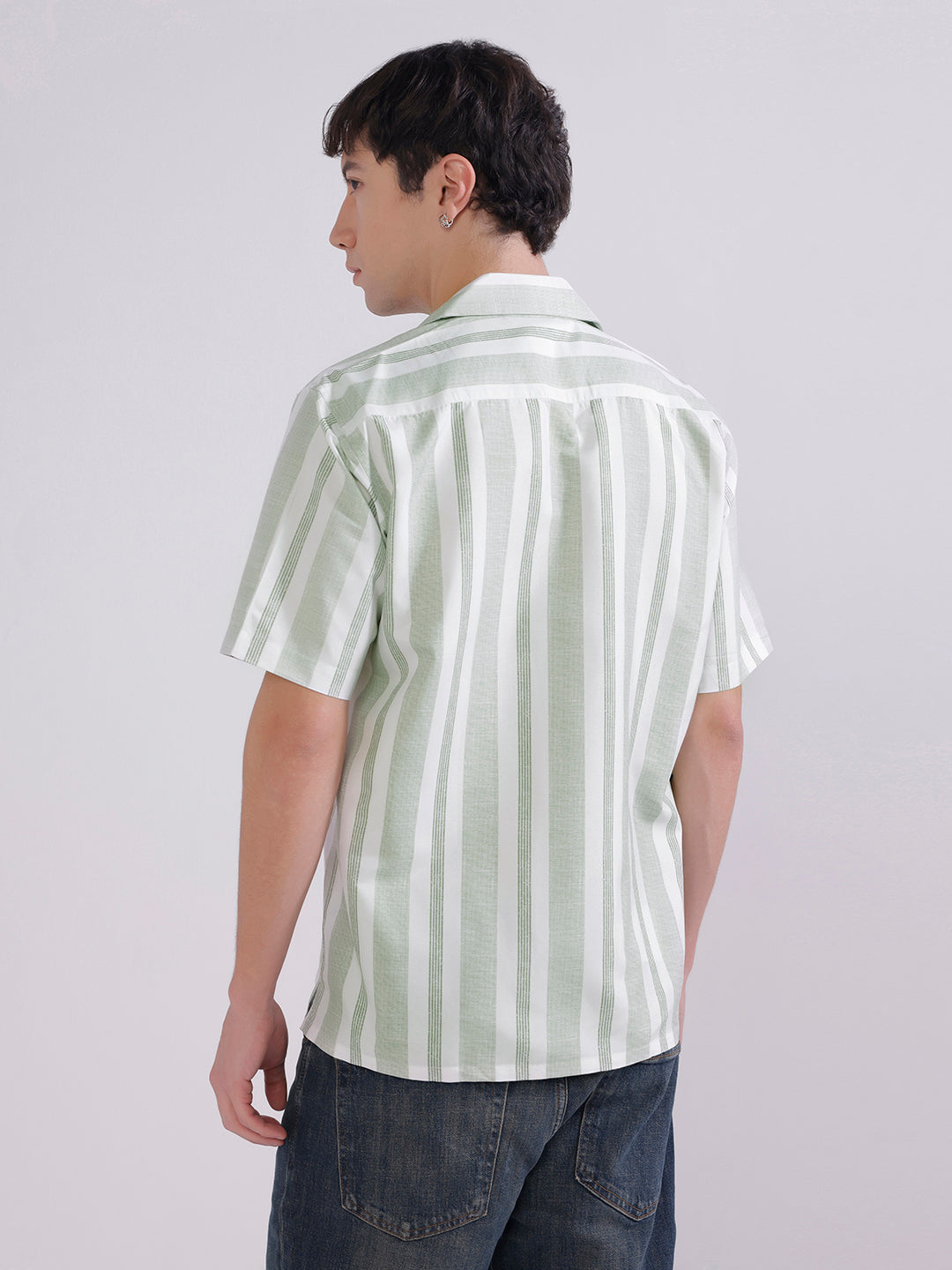 Men green stripes casual shirt