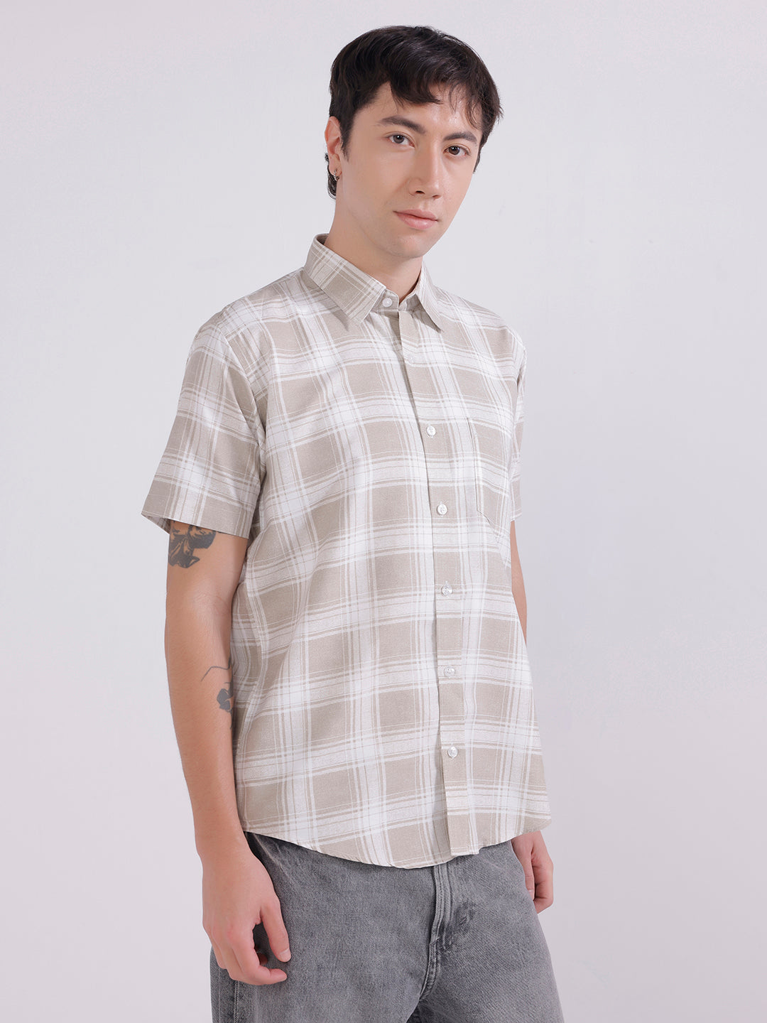 Men light brown check casual shirt