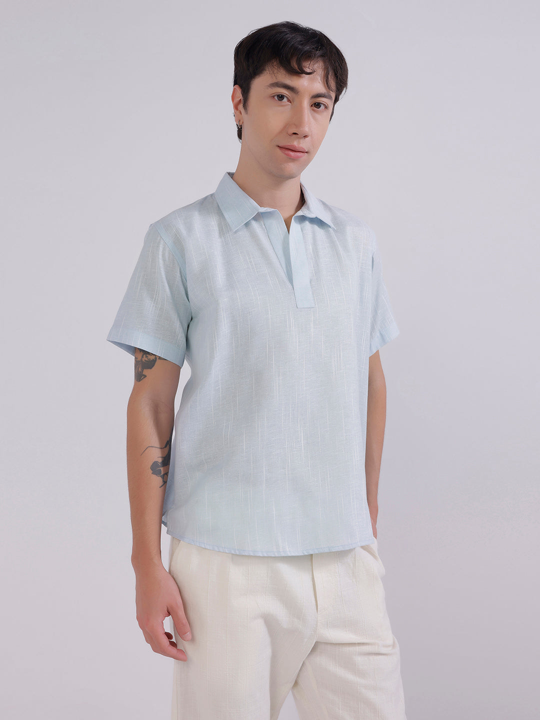 Men Blue linen collared shirt