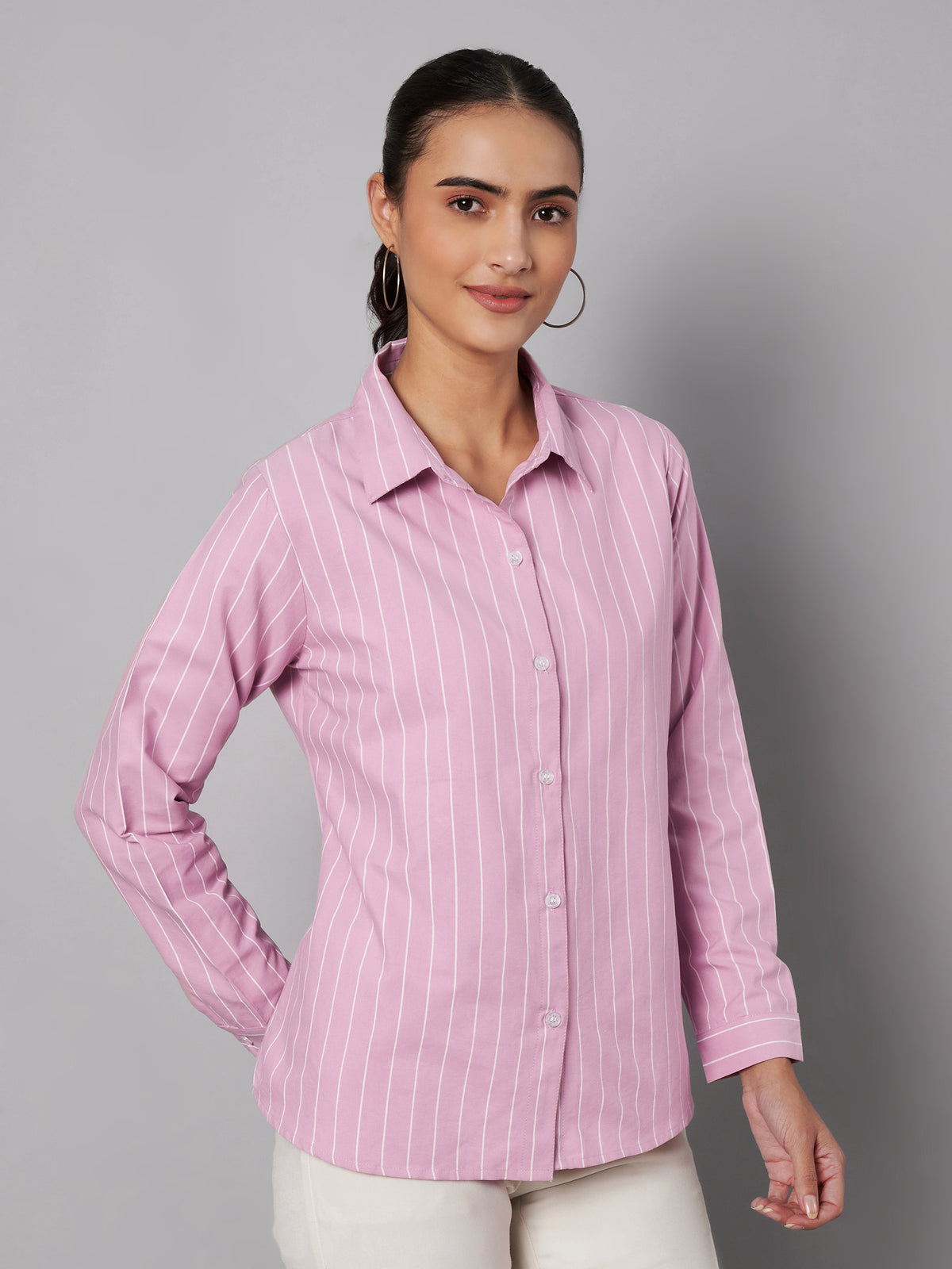 Women Pink Cotton Striped Shirt