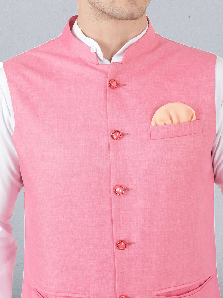 Men Pink Button Nehru Jacket - Tahvo India