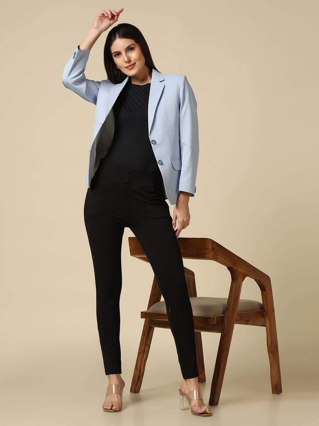 Women Ice Blue Single Breasted Blazer - Tahvo India
