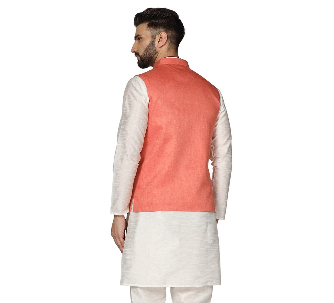 Men Solid Peach Nehru Jacket