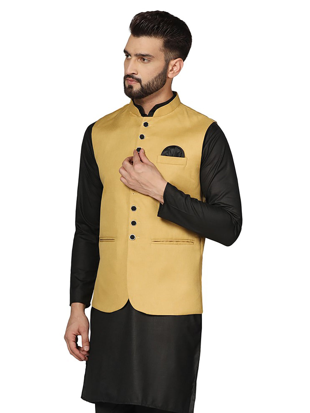 Men Golden Solid Nehru Jacket - Tahvo India