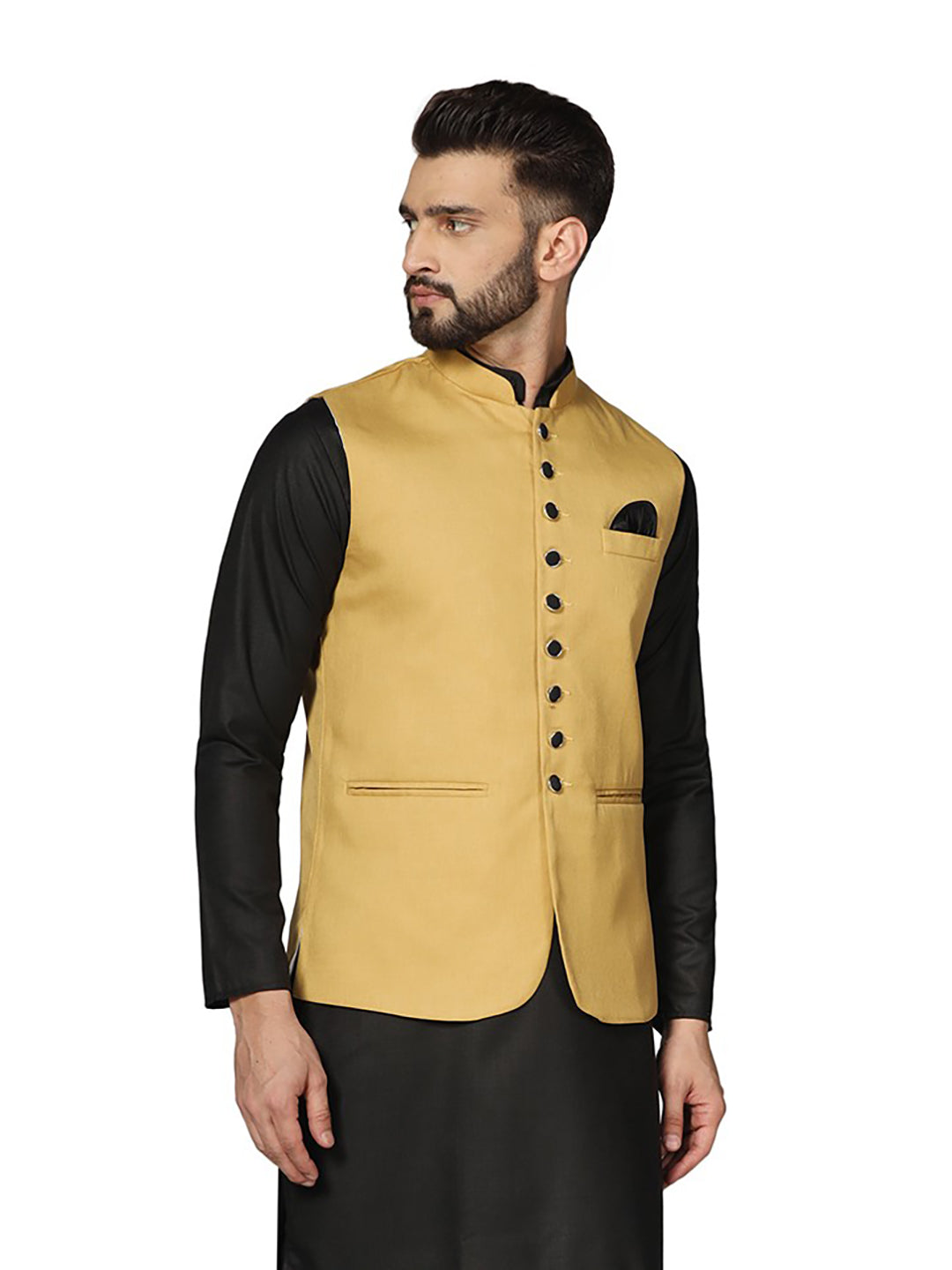 Men Golden Solid Nehru Jacket - Tahvo India