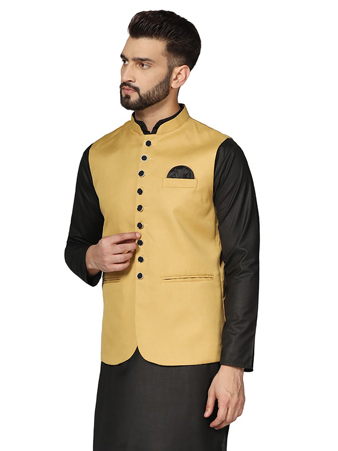 Men Golden Solid Nehru Jacket - Tahvo India