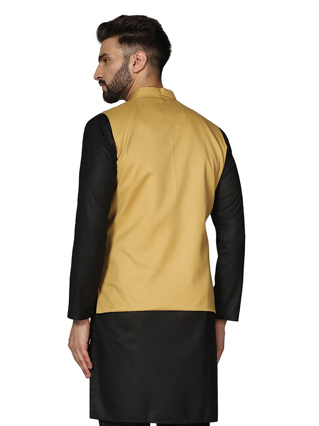 Men Golden Solid Nehru Jacket - Tahvo India
