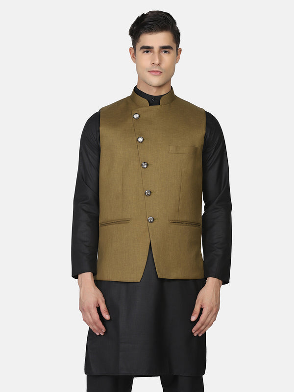 Men Mehndi Green Solid Nehru Jacket - Tahvo India