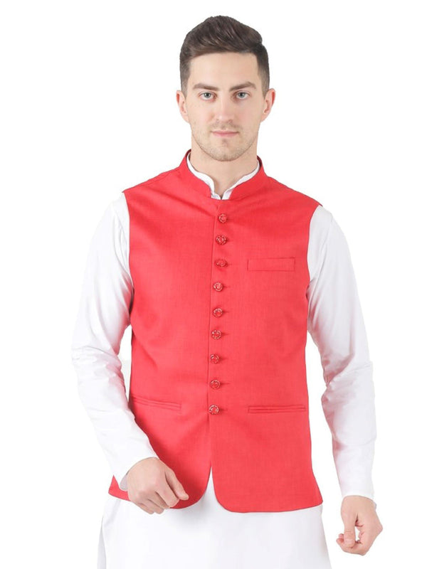 Men Red 9 Button Nehru Jacket - Tahvo India