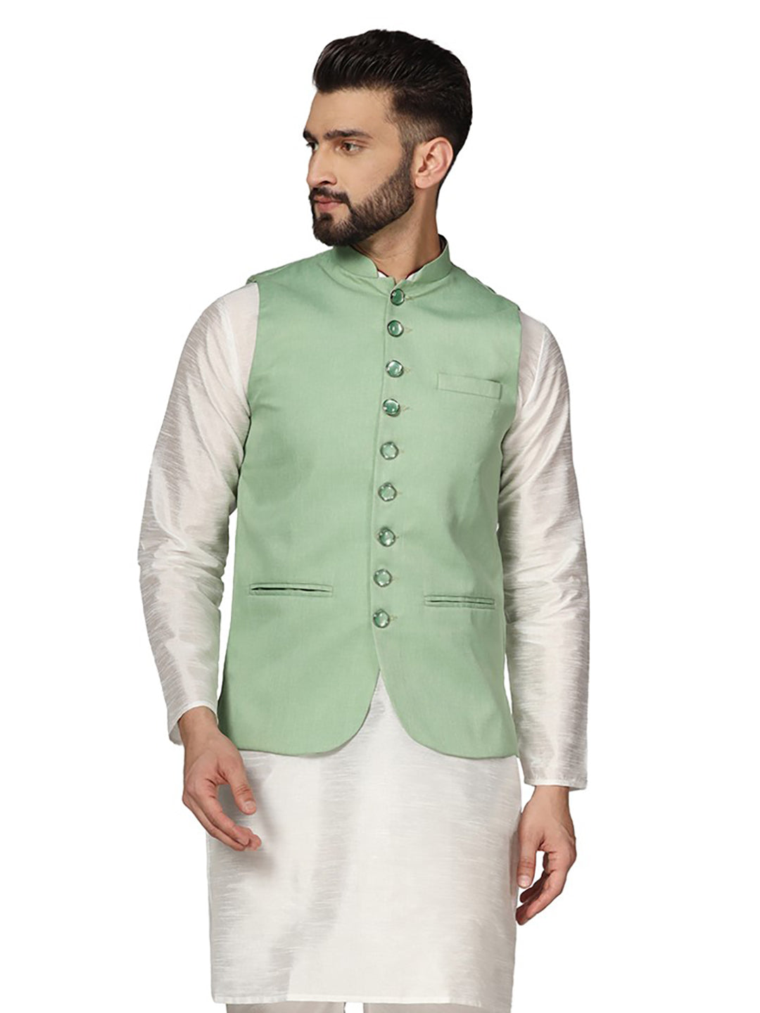 Men Leaf Green Solid Nehru Jacket - Tahvo India