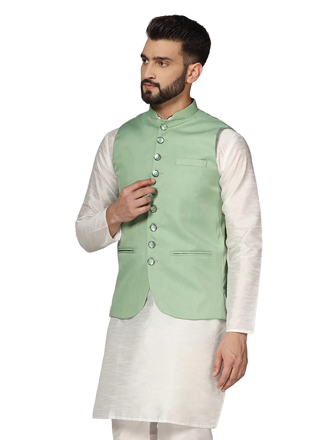 Men Leaf Green Solid Nehru Jacket - Tahvo India