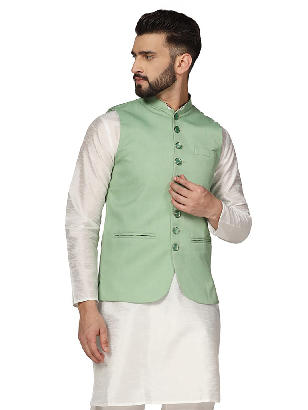 Men Leaf Green Solid Nehru Jacket - Tahvo India