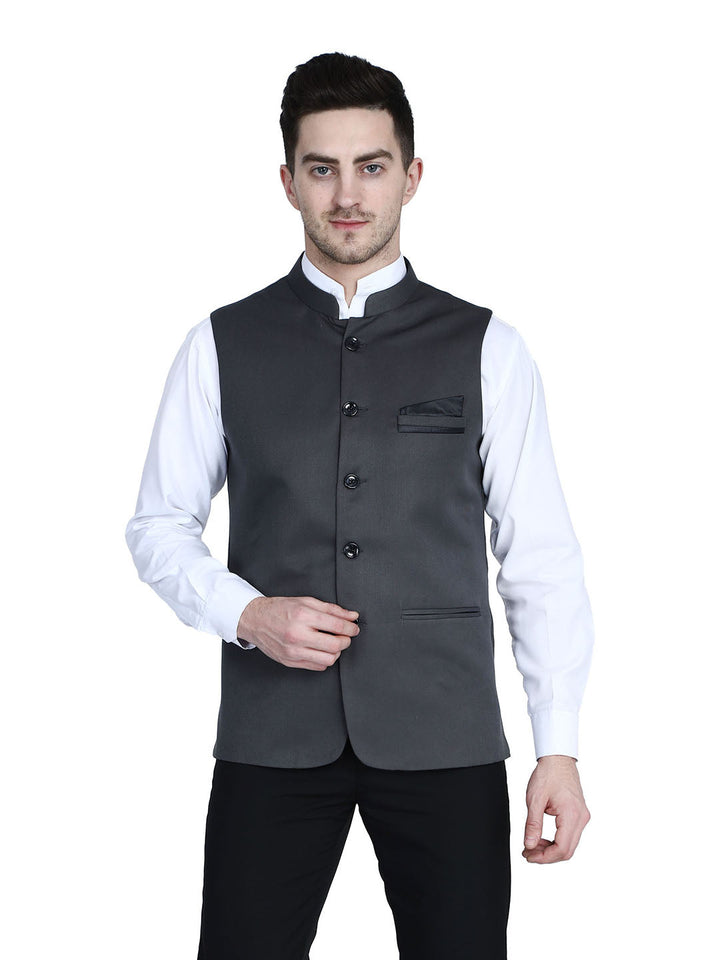 Men Grey Solid Nehru Jacket With Hanky - Tahvo India
