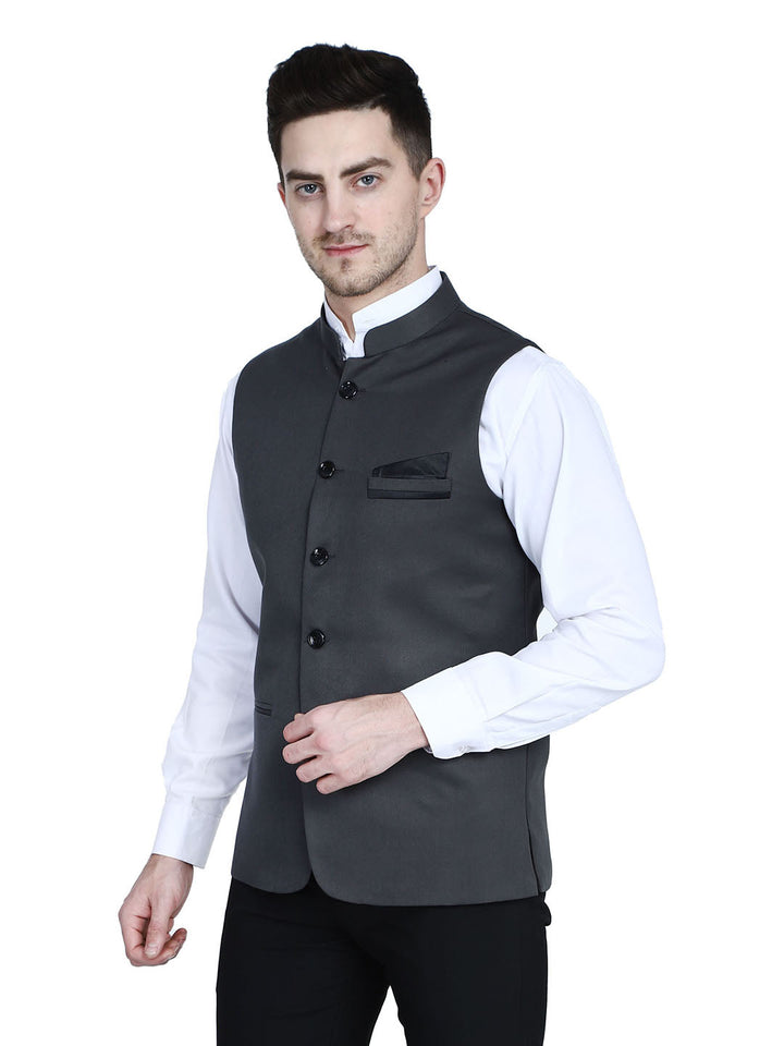Men Grey Solid Nehru Jacket With Hanky - Tahvo India
