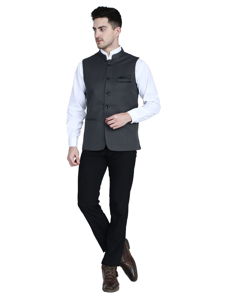 Men Grey Solid Nehru Jacket With Hanky - Tahvo India
