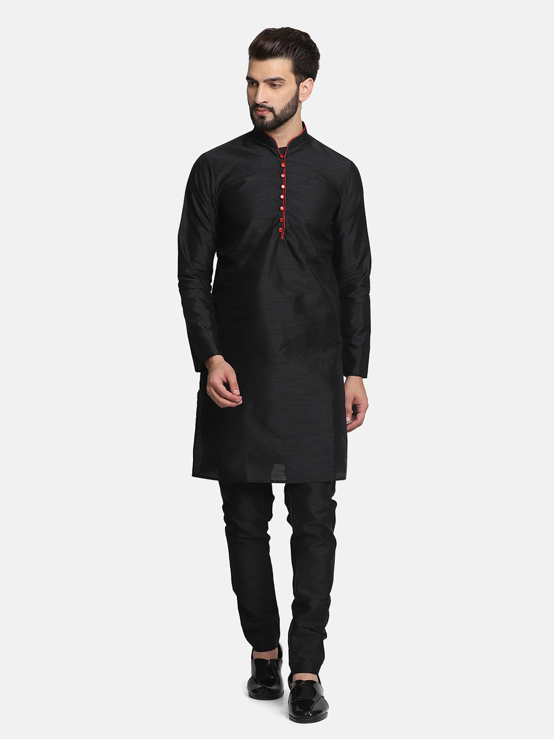 Men Black Dupion Kurta Set - Tahvo India
