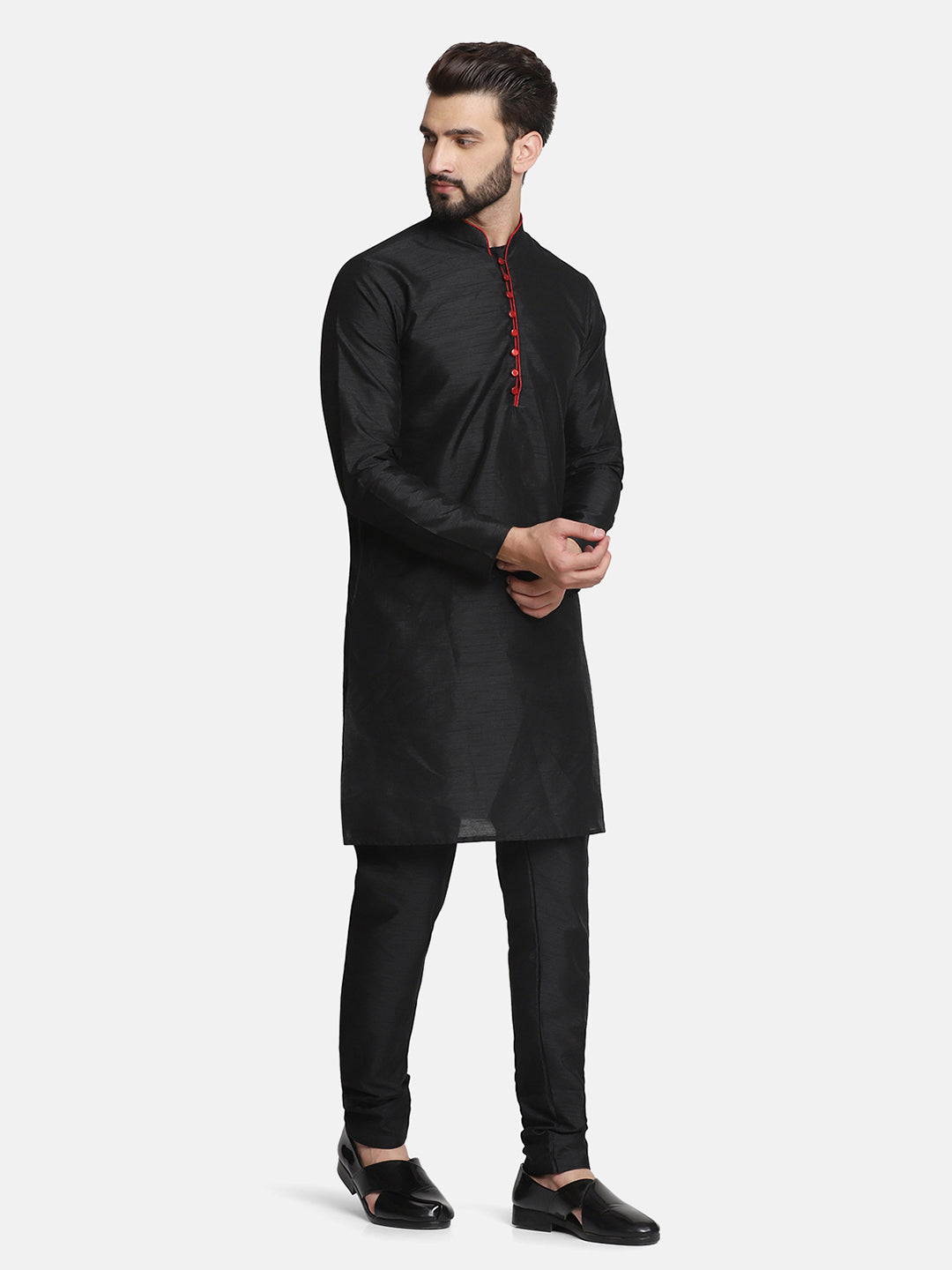 Men Black Dupion Kurta Set - Tahvo India