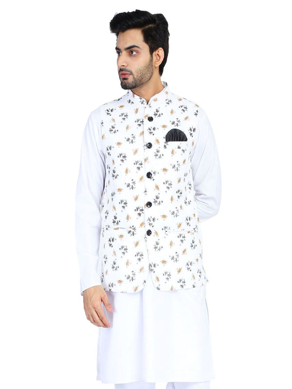Men White Printed Nehru Jacket - Tahvo India