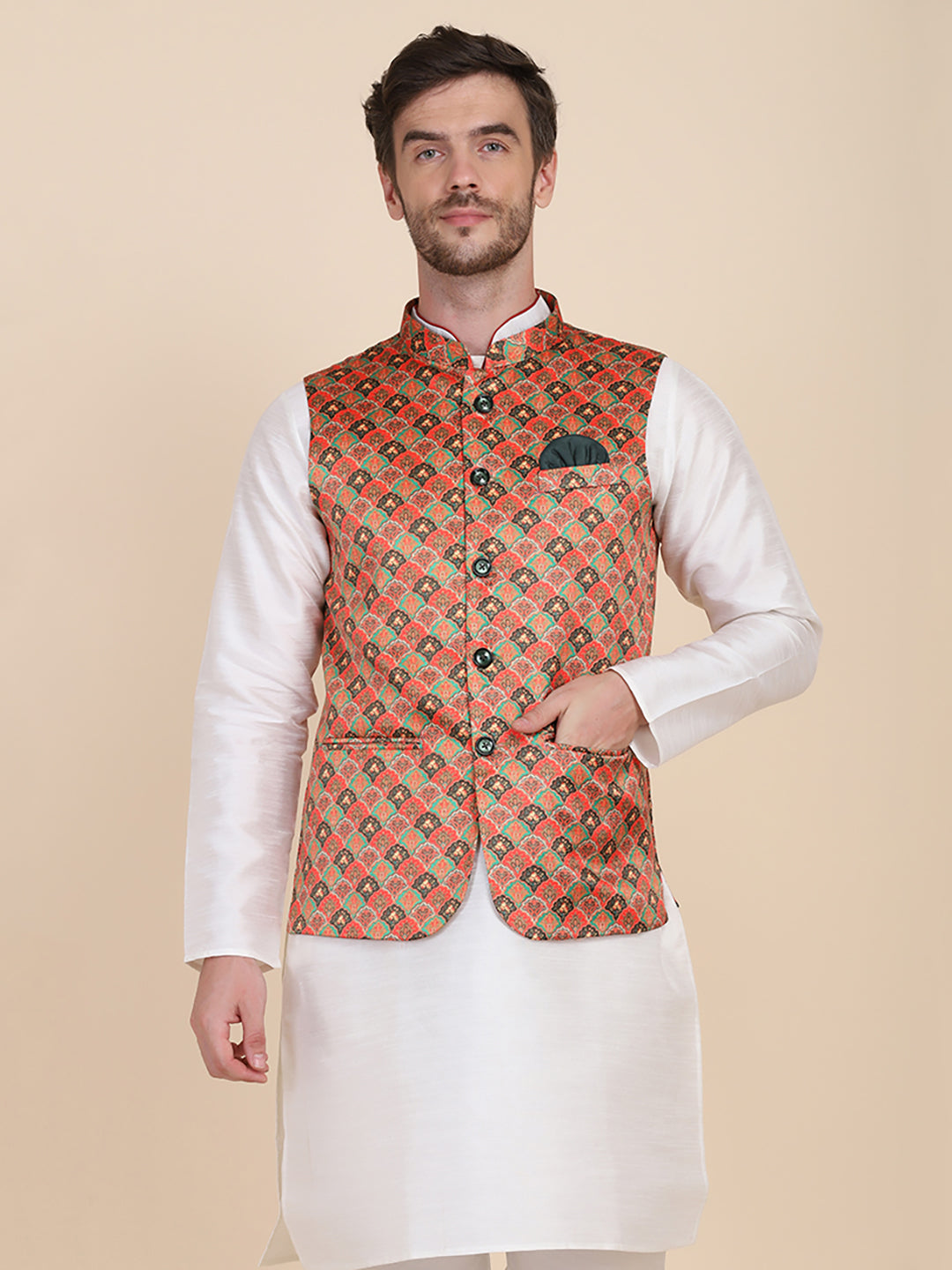 Men Orange Abstract Nehru Jacket - Tahvo India