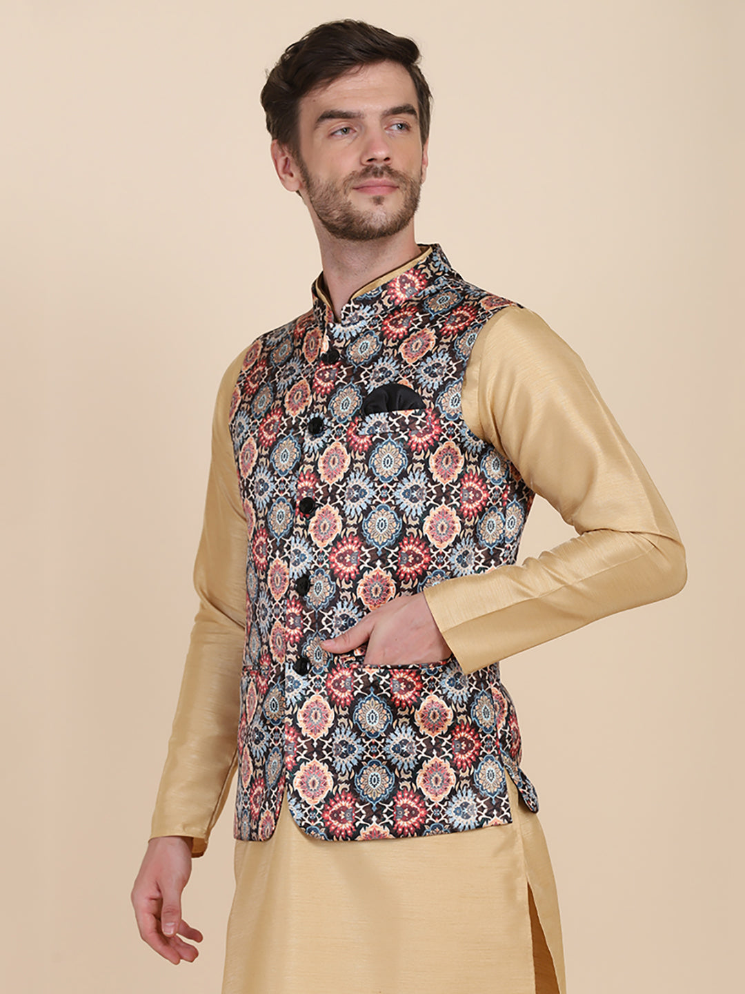 Men Brown Printed Nehru Jacket - Tahvo India