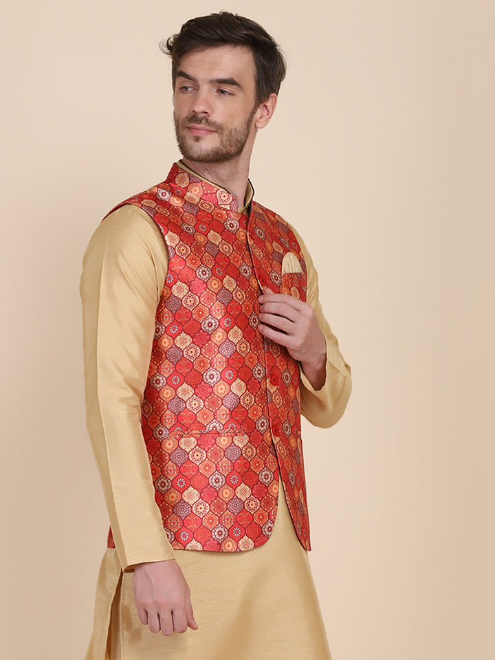 Men Red Geometric Nehru Jacket - Tahvo India