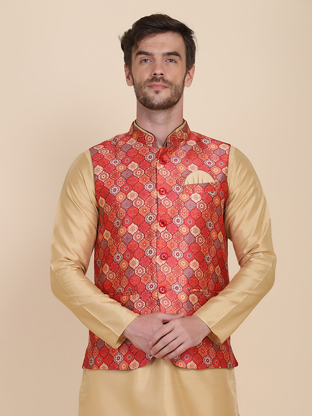 Men Red Geometric Nehru Jacket - Tahvo India