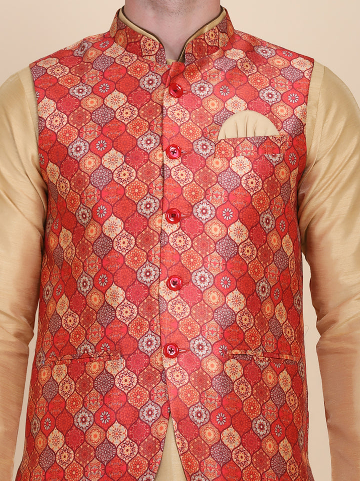 Men Red Geometric Nehru Jacket - Tahvo India