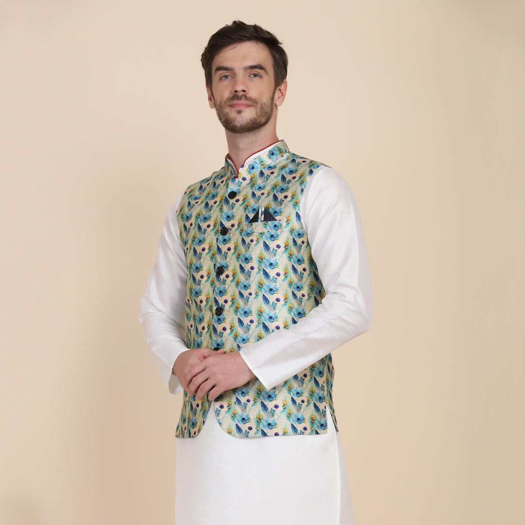 Men Blue Silk Blend Nehru Jacket