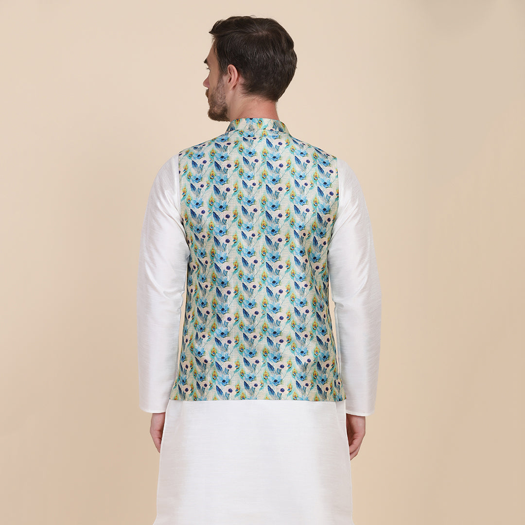 Men Blue Silk Blend Nehru Jacket