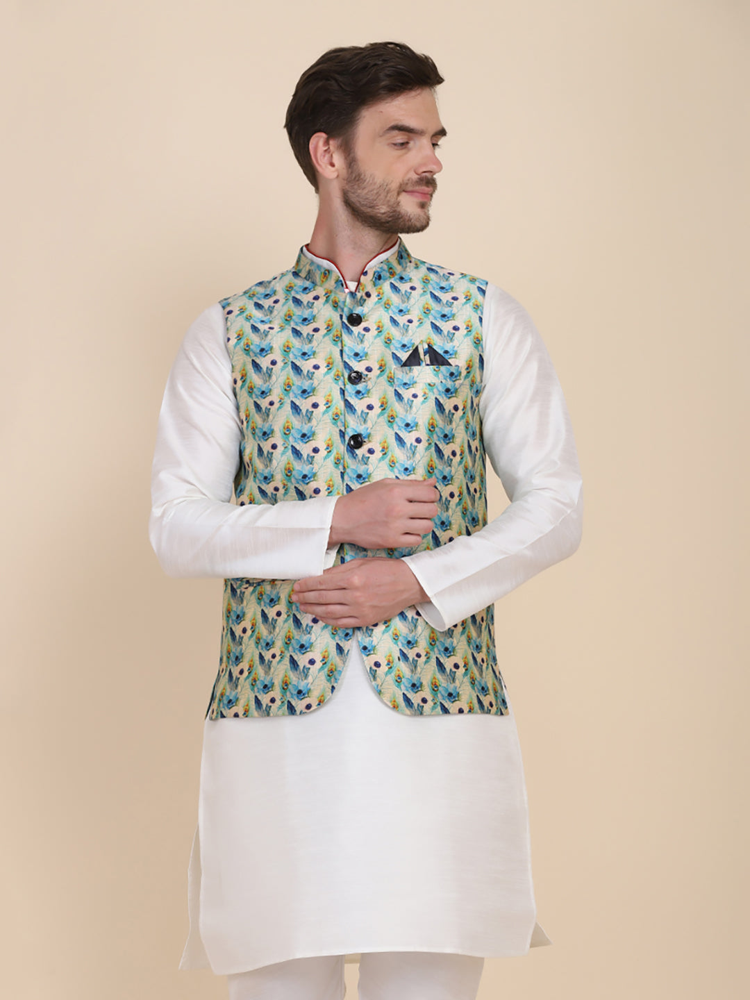 Men Blue Silk Blend Nehru Jacket - Tahvo India
