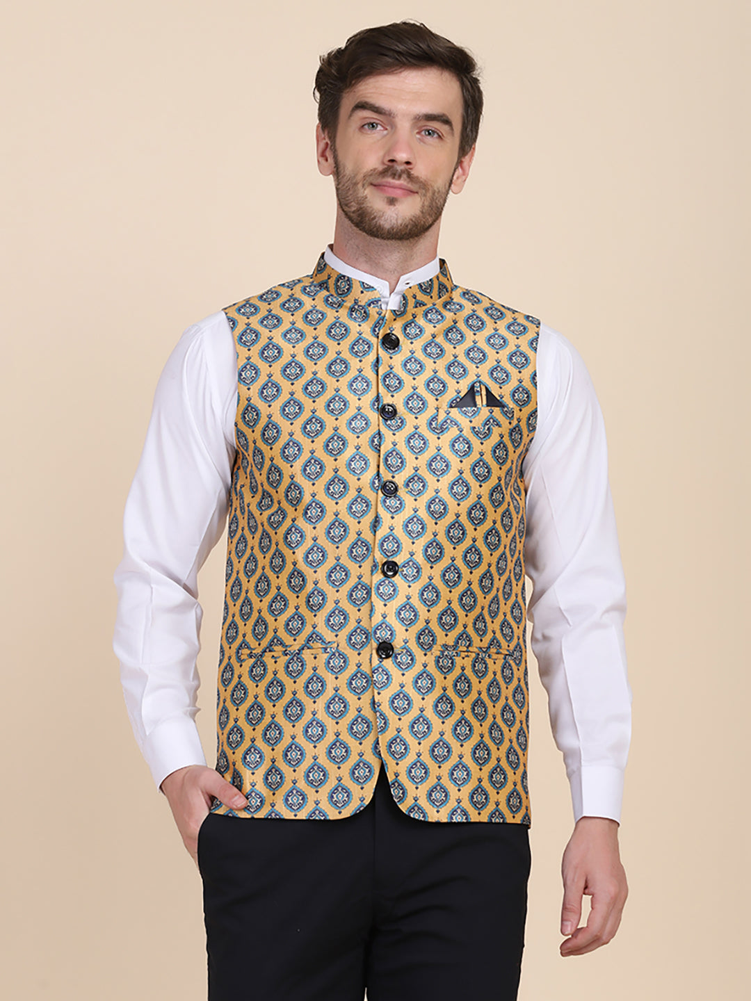 Men Yellow Printed Nehru Jacket - Tahvo India