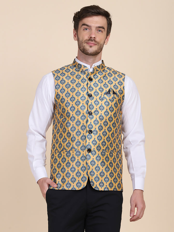 Men Yellow Printed Nehru Jacket - Tahvo India