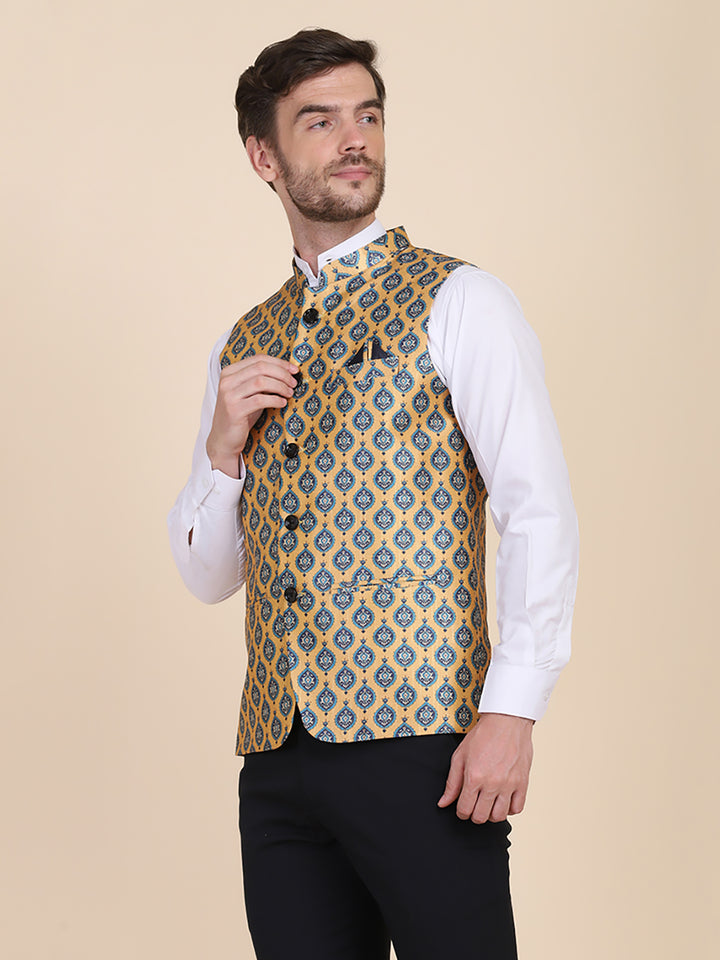 Men Yellow Printed Nehru Jacket - Tahvo India