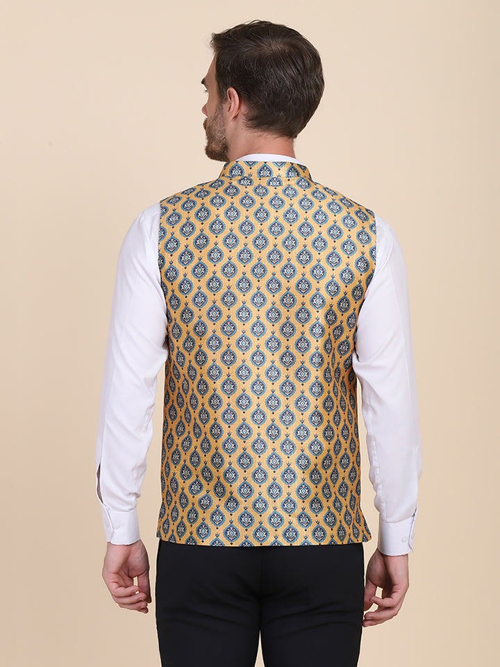 Men Yellow Printed Nehru Jacket - Tahvo India