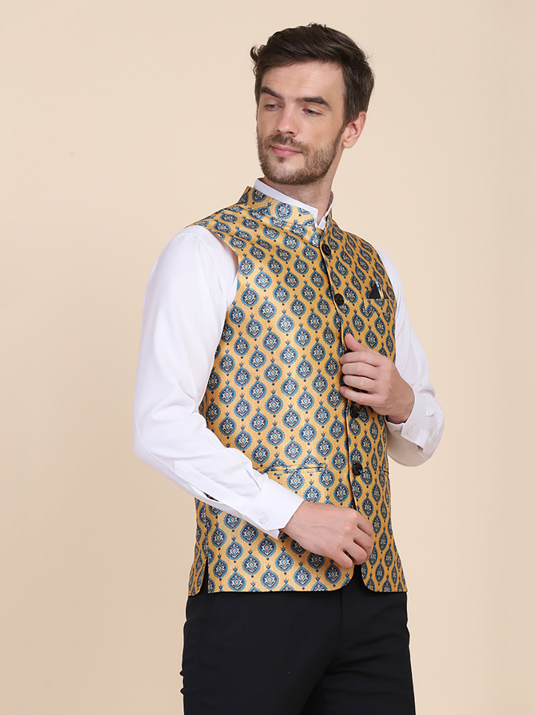 Men Yellow Printed Nehru Jacket - Tahvo India