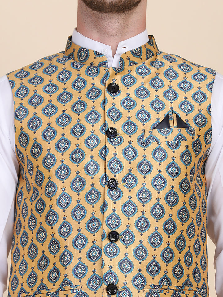 Men Yellow Printed Nehru Jacket - Tahvo India